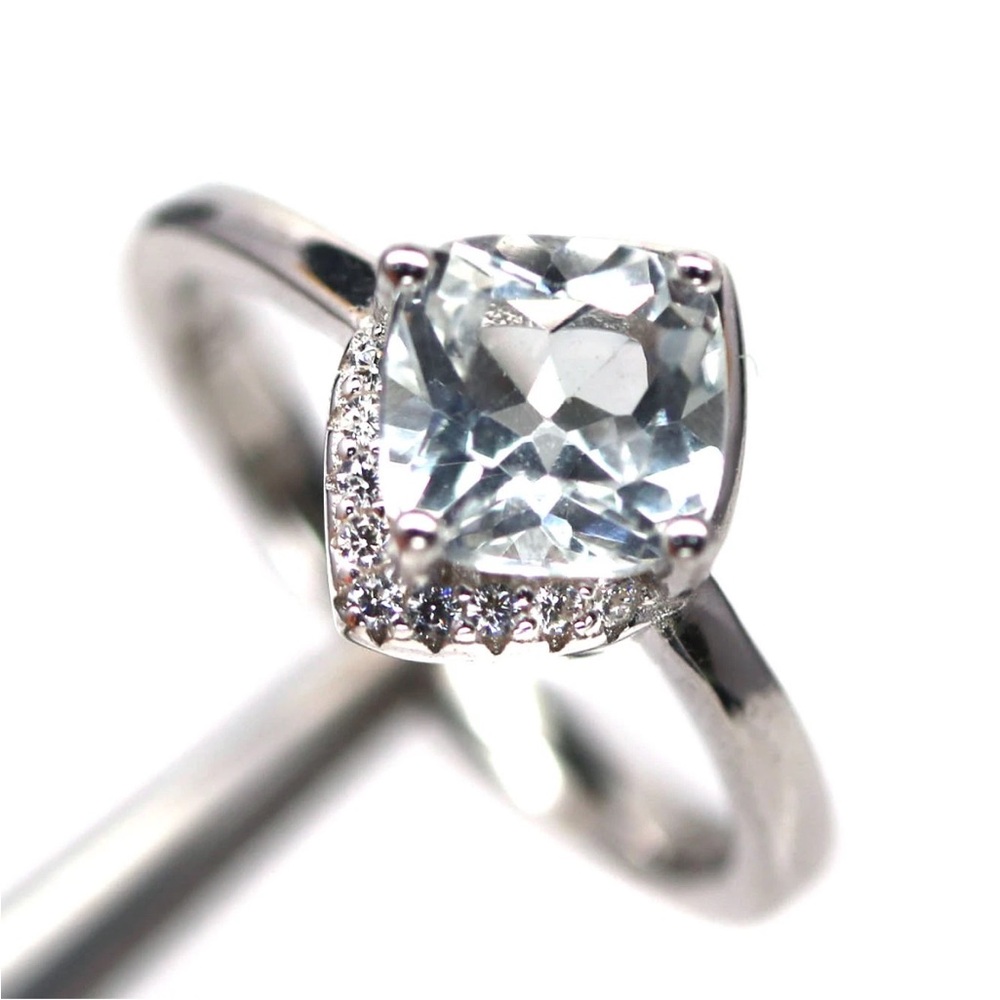 Natural White Topaz cushion 1.7Ct w/ zircon accent 925 Sterling Silver Sz 6 Ring